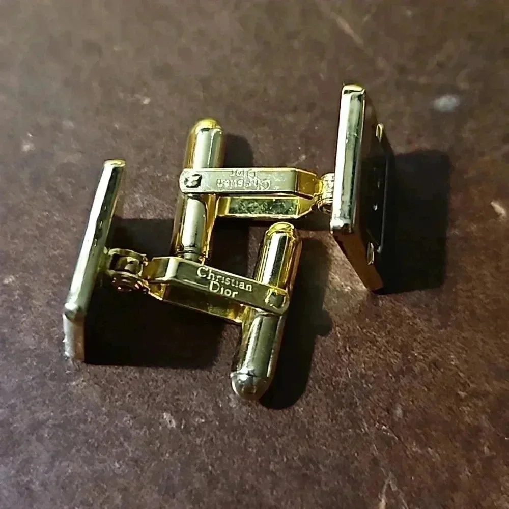 Christian Dior CD Logo Bullet Back Gold and Silver Tone Cufflinks with Tie bar